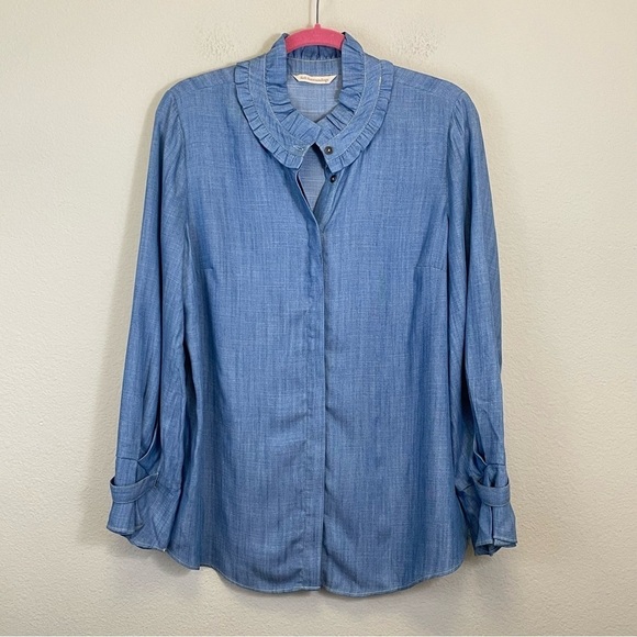 Soft Surroundings Tops - Soft Surroundings Blue Chambray Ruffle Neck Button Down Shirt Size M